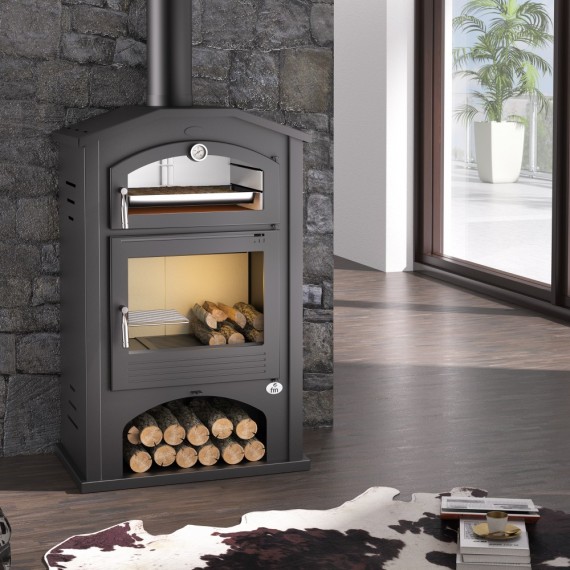 Estufa de leña frontal con horno inox envolvente M-106 - FM Calefacción Estufa de leña frontal con horno inox envolvente M-106 - FM Calefacción