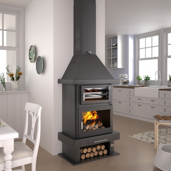 Chimenea metálica frontal con horno inox y bandeja de 50 cm C-300 H - FM Calefacción