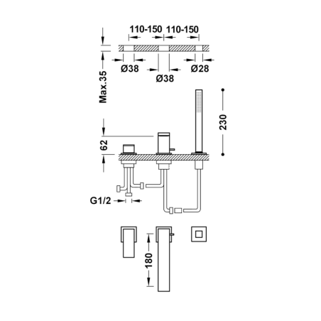Monomando bañera repisa CUADRO-TRES cromo - 0061610*