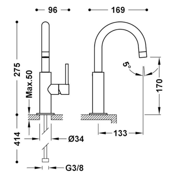 Monomando lavabo alto maneta lateral STUDY-TRES oro brillo - 26290403OR 2