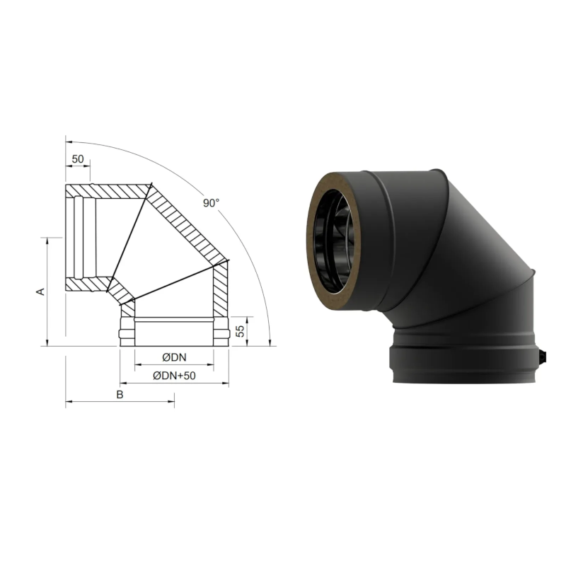 Codo negro mate doble 90º sectores Codo negro mate doble 90º sectores