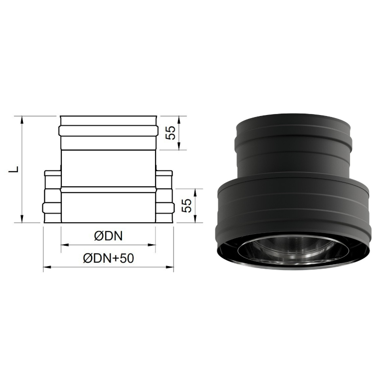 Adaptación tubería doble a simple pared negro mate Adaptación tubería doble a simple pared negro mate