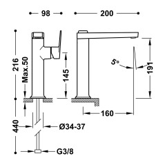 Monomando lavabo alto maneta lateral PROJECT-TRES cava dorado - 22164701CA