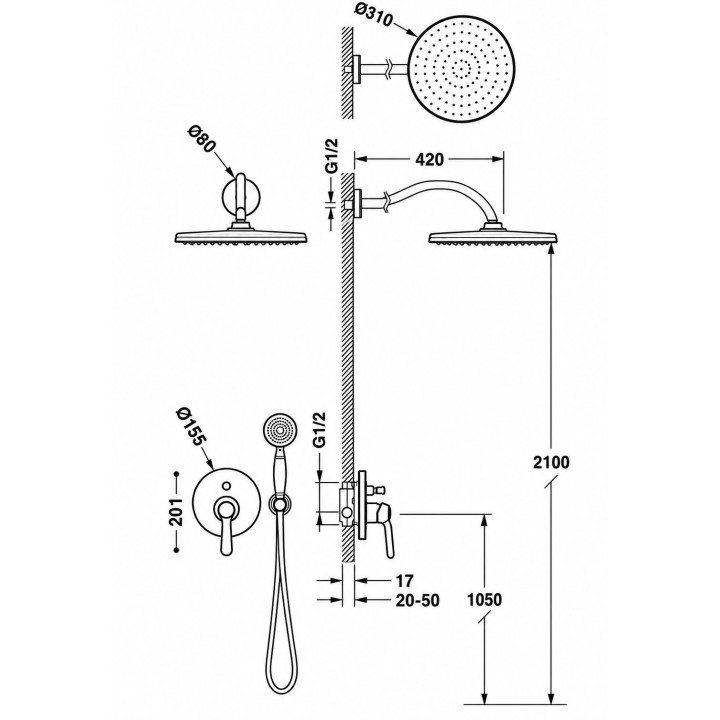 Kit monomando ducha empotrado 2-vías TRES CLASIC volcanic - 24218003VO 2